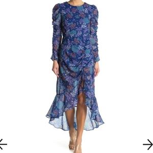 NSR Eva Floral Ruched Midi Dress, long sleeve,  blue size L.